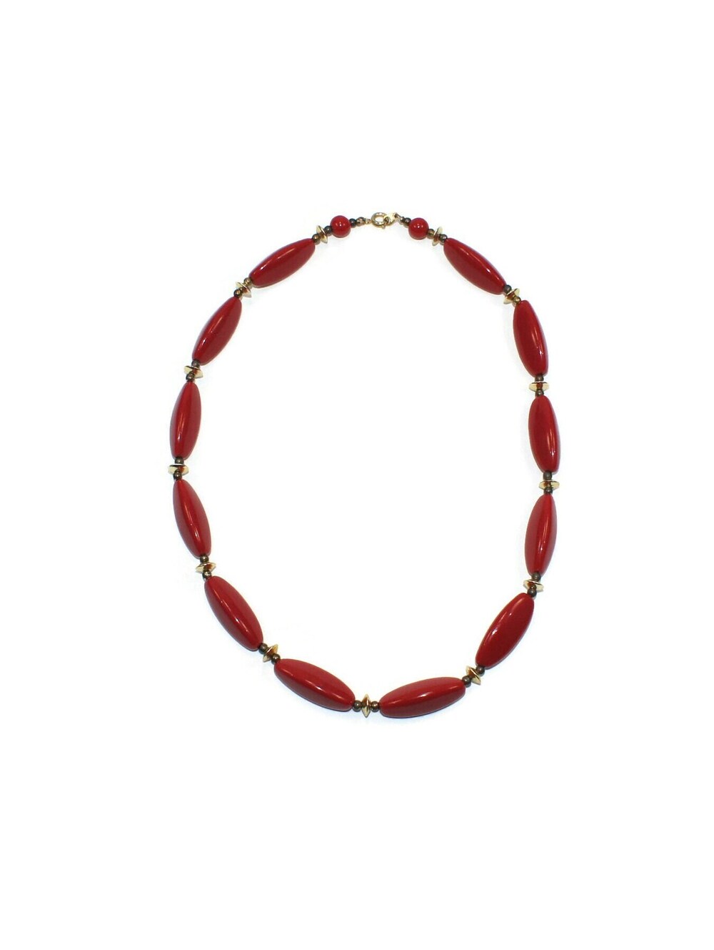 Vintage Red Plastic Beaded 18 Inch Necklace with Gold Tone Spacer Beads.